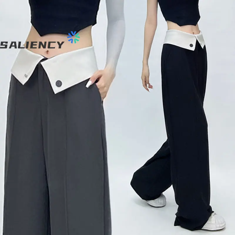 Streetwear Women Yuppie Style Flip Waist Suit Pants Female Summer High Waist Draped Casual Wide Leg Straight Pants