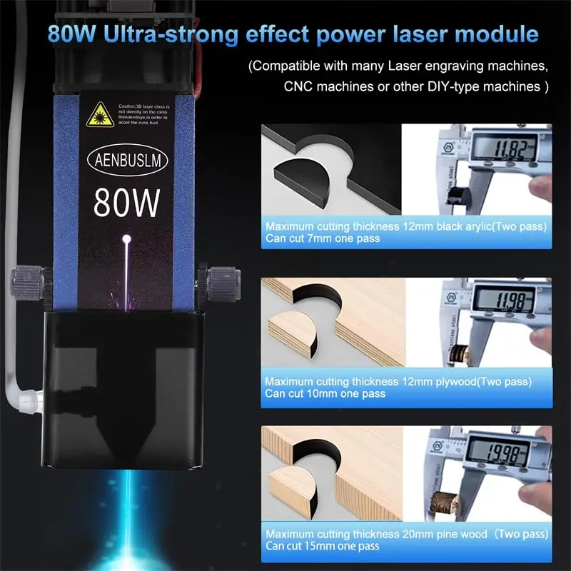 AENBUSLM 10W laser module with air pump assistance, 80W laser engraving cutting module for cutters and engravers, double ultra-fine compression point CNC engraving cutting MDF board 5 mm and pine board 20mm