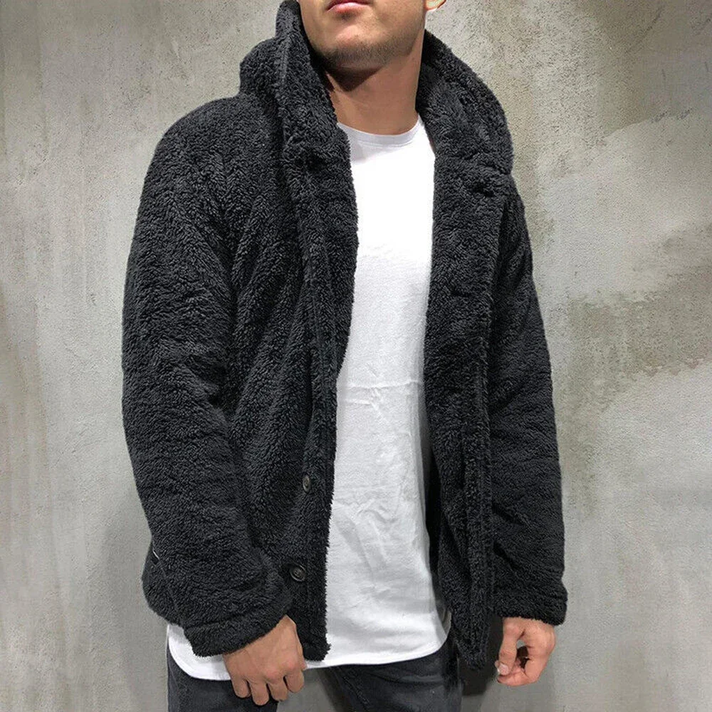 Autumn Winter Men's Plush Hooded Coat Solid Color Long Sleeve Single-breasted Warm Cardigan Coat Fashion Trend Men's Wear