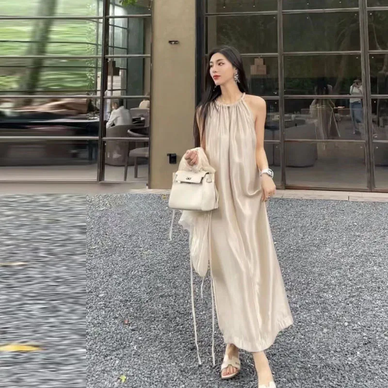 

2024 New Spring Summer Solid Sleeveless Dresses for Women Chiffon A-line Halter Loose Causal Party Holiday Long Lady Dress