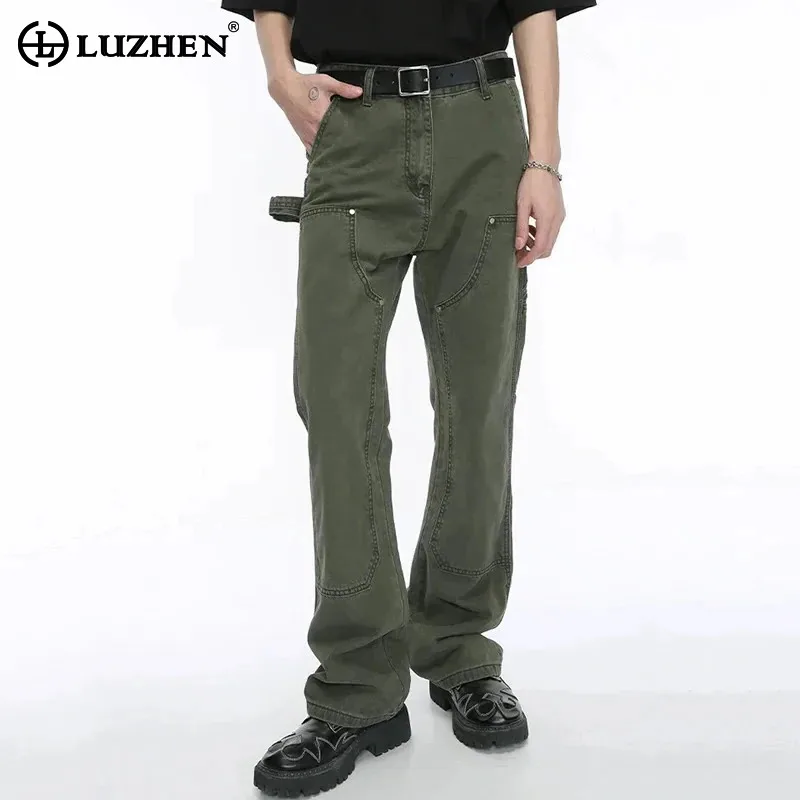 

LUZHEN Male Patchwor Solid Men Pocket Jeans Chic Rivet Color Denim Cargo Pants Retro Straight Trousers Spring New Fashion 9C4304