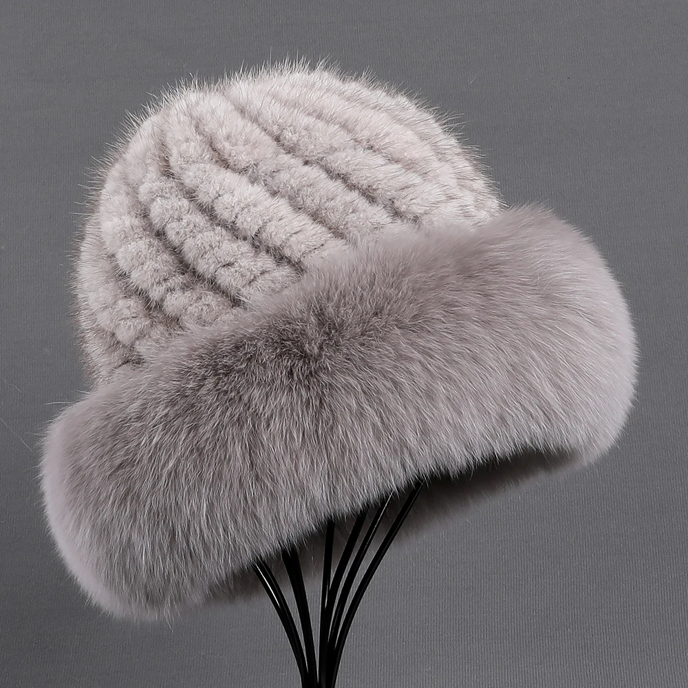 BOONJOVIA Women's Luxury Genuine Mink Fur Beanie Hat With Fox Fur Trim Brim Top Cap Lady Winter Fur Hats Warm Fluffy