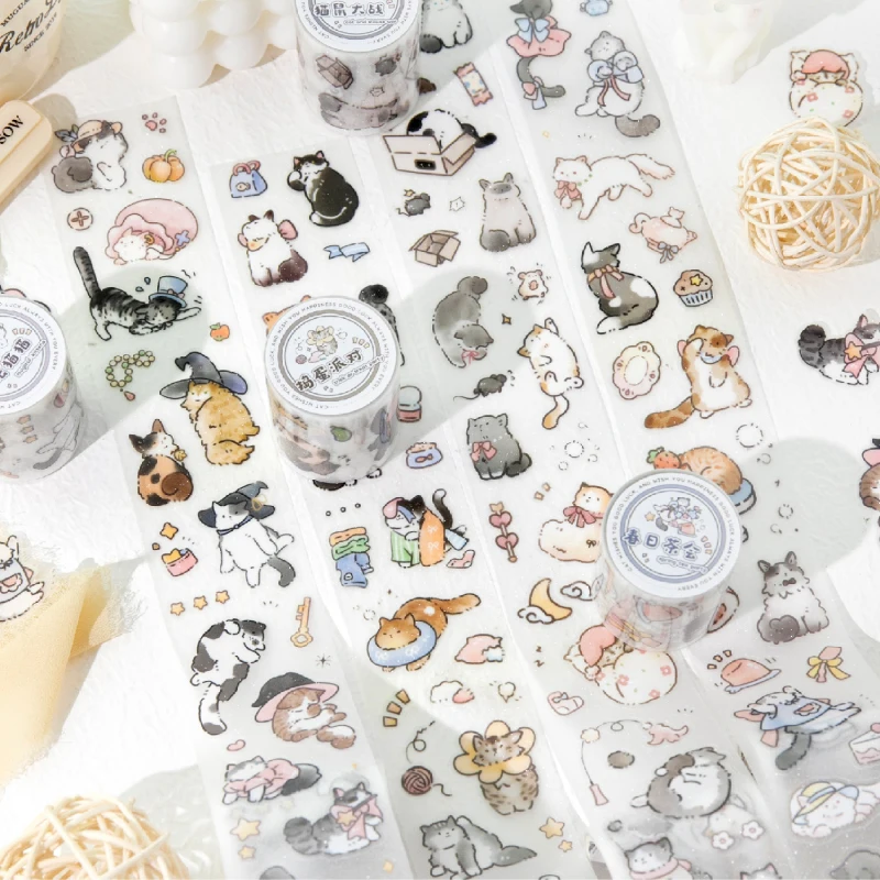 50mm * 2m 행운의 고양이 시리즈 귀여운 플래시 샌드 다이 커팅 테이프 DIY 다이어리 폰 케이스 미적 스크랩북 스티커