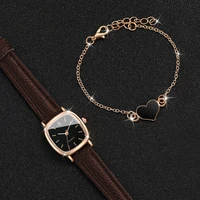 2PCS/Set Fashion Square Women Watch Leather Band Quartz Watches Heart Bracelet Set - Image 3