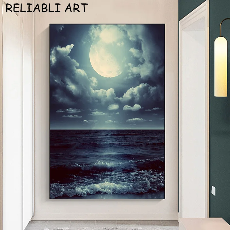 Creowell Wall Art Moon Sea Ocean Landscape Picture Canvas Wall Art Print Paintings Modern Artwork for Living Room Wall Decor and Home Décor Ready to Hang, Artwork.20x16 in/16x12 in