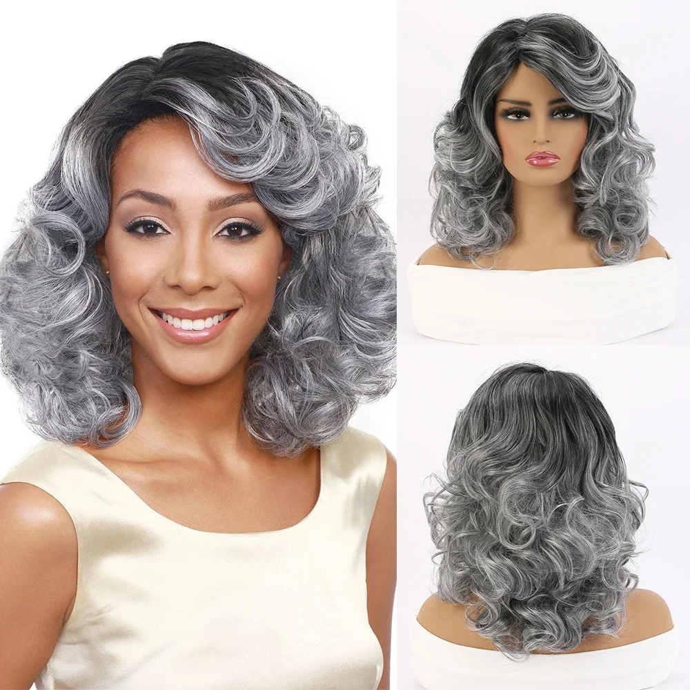 

16 Inches Natural Wigs with Bangs Soft Mommy Hair Daily Use Short Grey Ombre Curly Synthetic Hair Costume Party Wig for Women