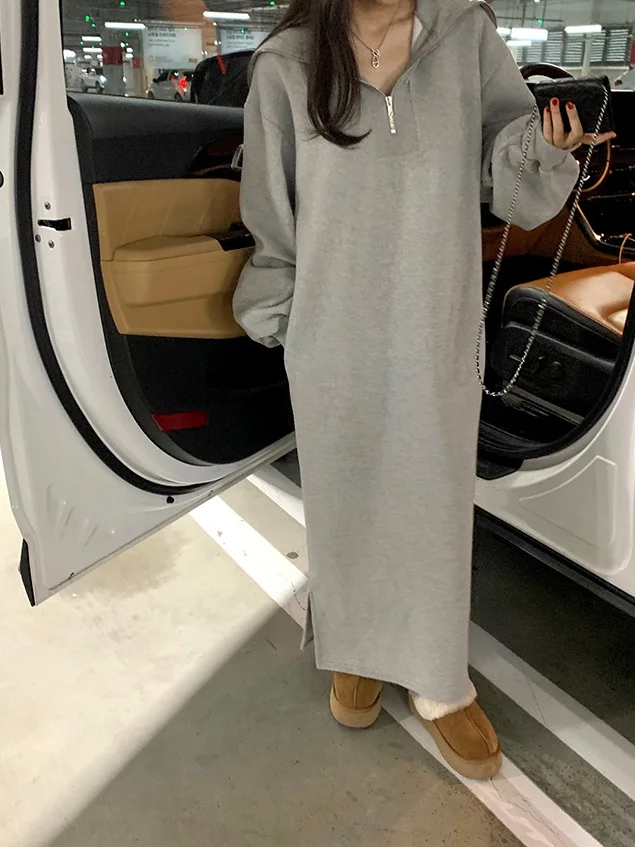 Long Fce-lined Cotton Zipper Collar Dr Casual Warm Lazy Sle A-line Skirt Korean Version Winter Faion Women's Dr