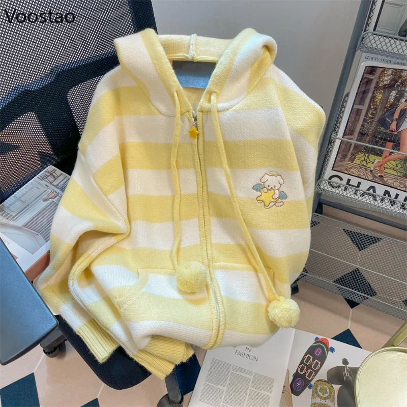 Spring Autumn Casual Cartoon Embroidery Striped Hooded Sweater Women Sweet Knitted Cardigan Coat Japanese Girls Loose Knitwear 3