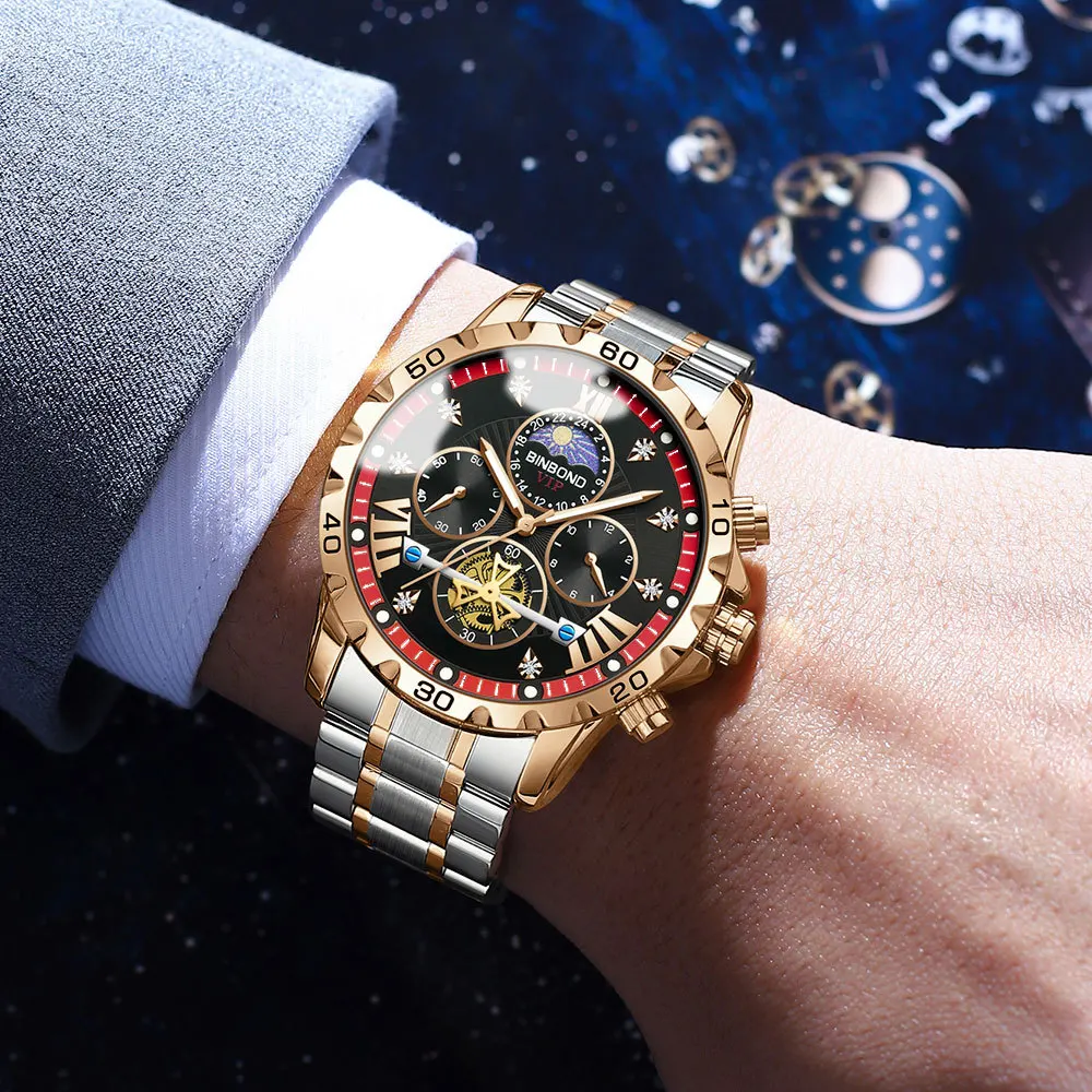 BINBOND Lurury Men's Watches Trend Fashion Original Quartz Watch for Man Flywheel Style Chronograph Waterproof Moon Phase Dress - Image 3