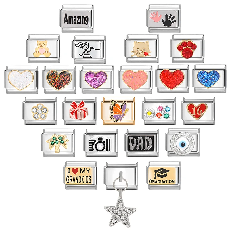 

Trendy Colorful Heart Star Pendant Charm Links Fit 9mm Bracelet Stainless Steel DIY Making Jewelry Birthday Gifts