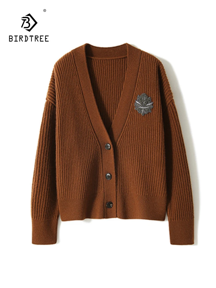 

Birdtree 90% Wool 10% Cashmere Vintage Studded Badge Sweater Women Long Sleeve V-Neck Knitted Cardigan Autumn Winter T3D369QC