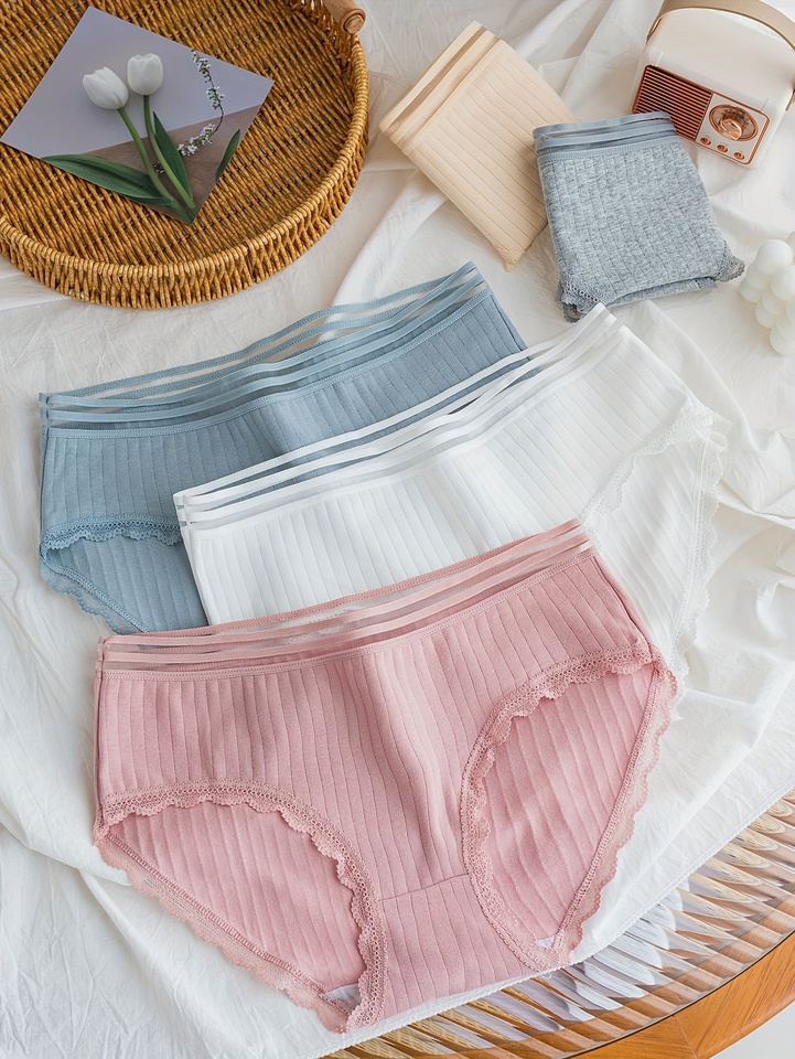 5 pairs of simple solid-color elegant style women's underwear, pure cotton comfortable lace-trimmed women's briefs