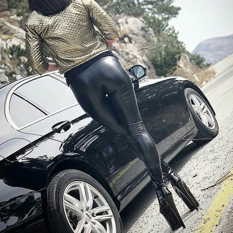 Shiny Black Sexy Leather Pants Plus Size PU Leggings Women High Waist Skinny Tights Elastic Stretchy Outfit Trousers 6