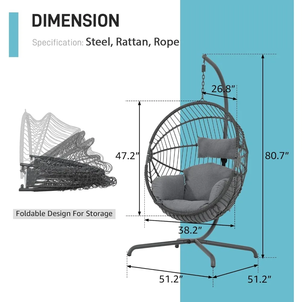 Indoor Outdoor Egg Swing Chair with Stand, Oversized Cocoon-Shaped Rope Woven Hanging Chair W/Cushion, Safety Strap 3