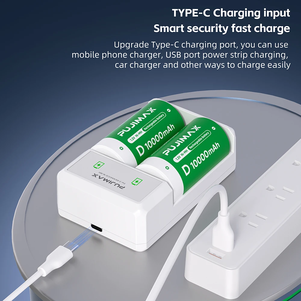 PUJIAMX AA/AAA/C/D 배터리 충전기(1.2V NI-MH 충전식 배터리용) LCD 디스플레이 USB 타입 C 케이블이 포함된 고속 충전 도구