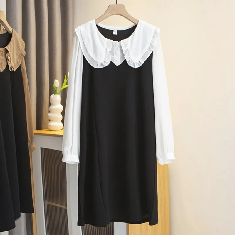 2023 Autumn Clothes Women Plus Size Dress Fashion Peter Pan Collar Casual Mid Length Contrast Color Long Sleeve One-Piece