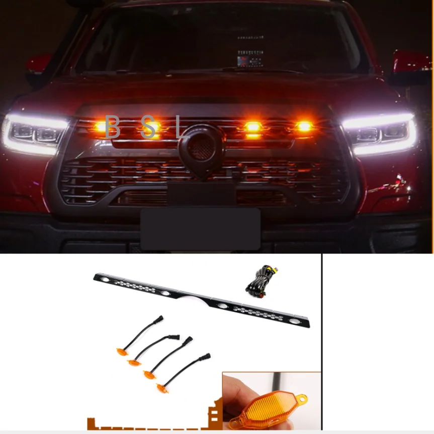 

For Great Wall Cannon GWM Poer Ute 2019 - 2022 Car Front Center Grille Yellow LED Light Refitting Decor Lamp Night Warning Lamp