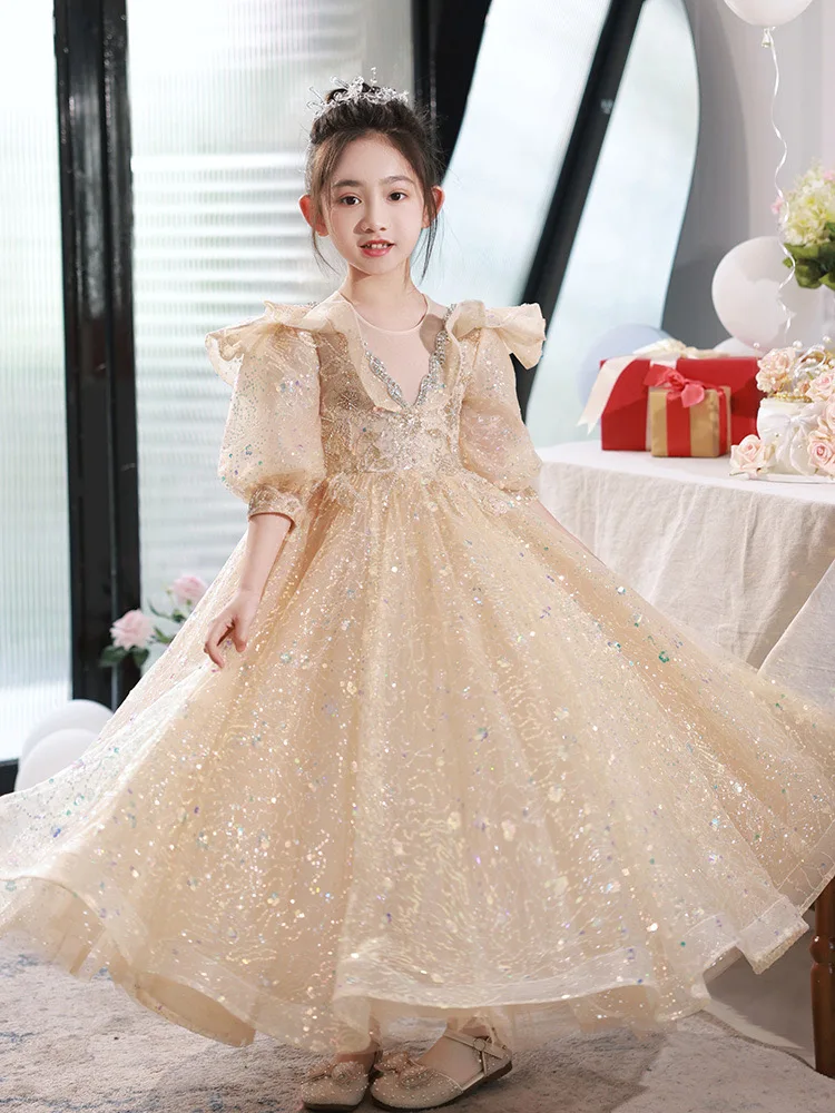 

Champagne Lace Children Party Dresses Sequin Tulle Princess Birthday Flower Girl Dress Wedding Formal First Communion Clothes