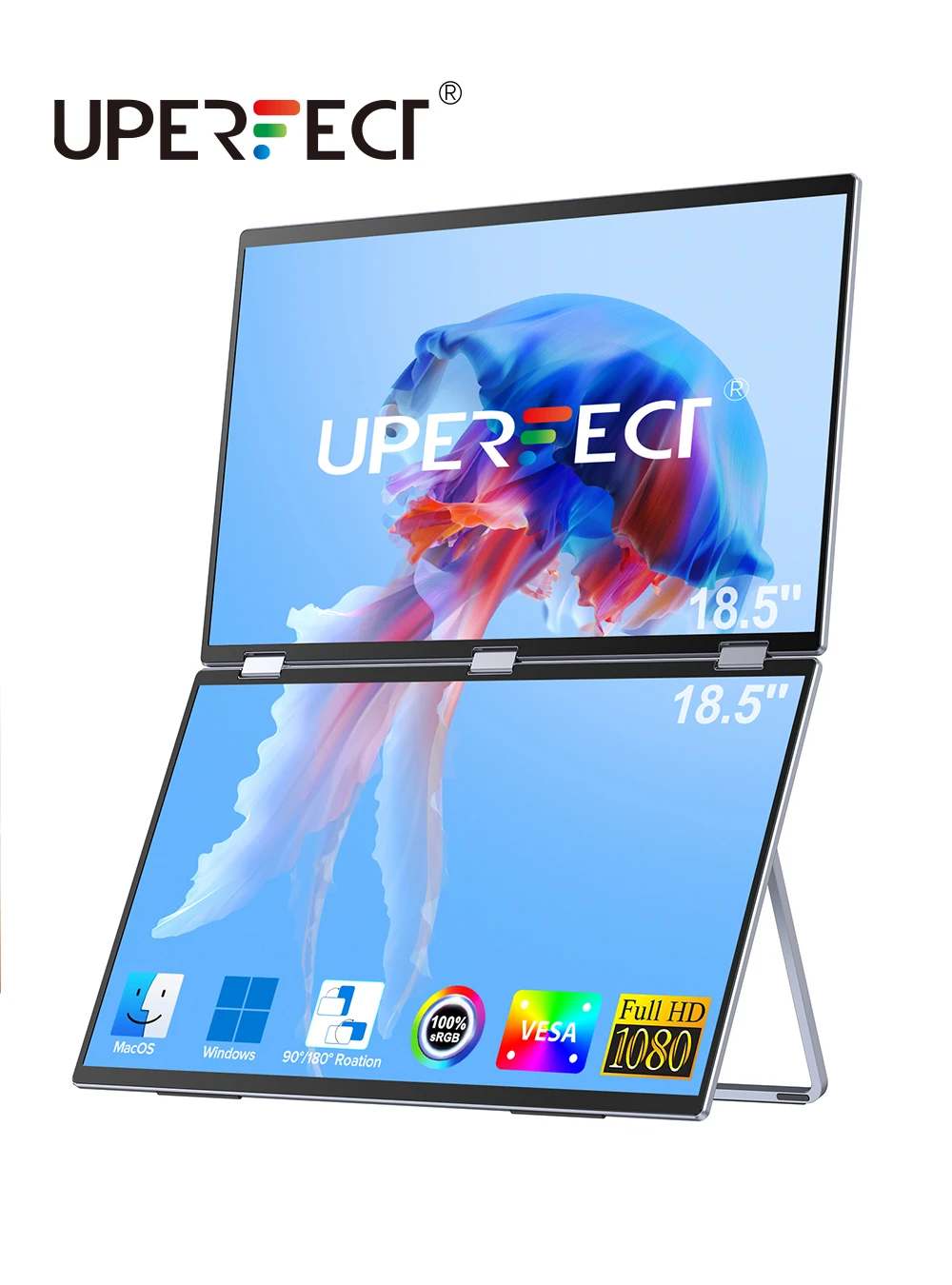 UPERFECT UStation Delta Max Складной штабелированный портативный монитор 1080P IPS 18,5 дюймов * 2 Двойной тройной удлинитель экрана для портативного ПК Вращение на 360 ° с подставкой VESA для Mac OS Windows Смартфон P