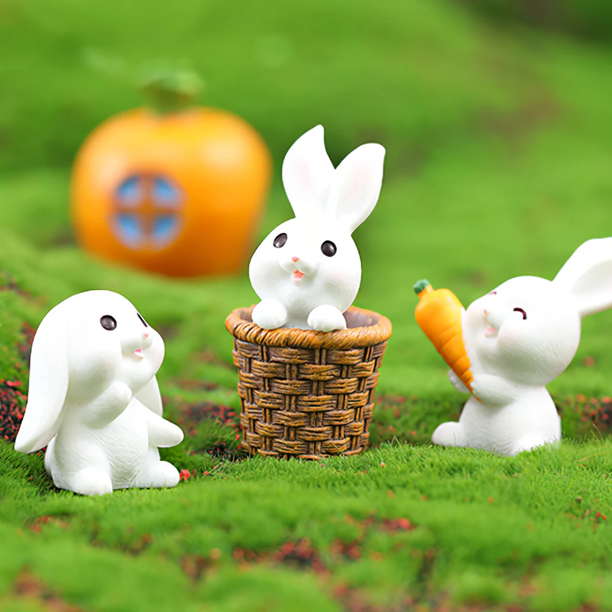 7 pieces, a set of creative and cute white mini statue ornaments in the shape of a little rabbit holding a carrot
