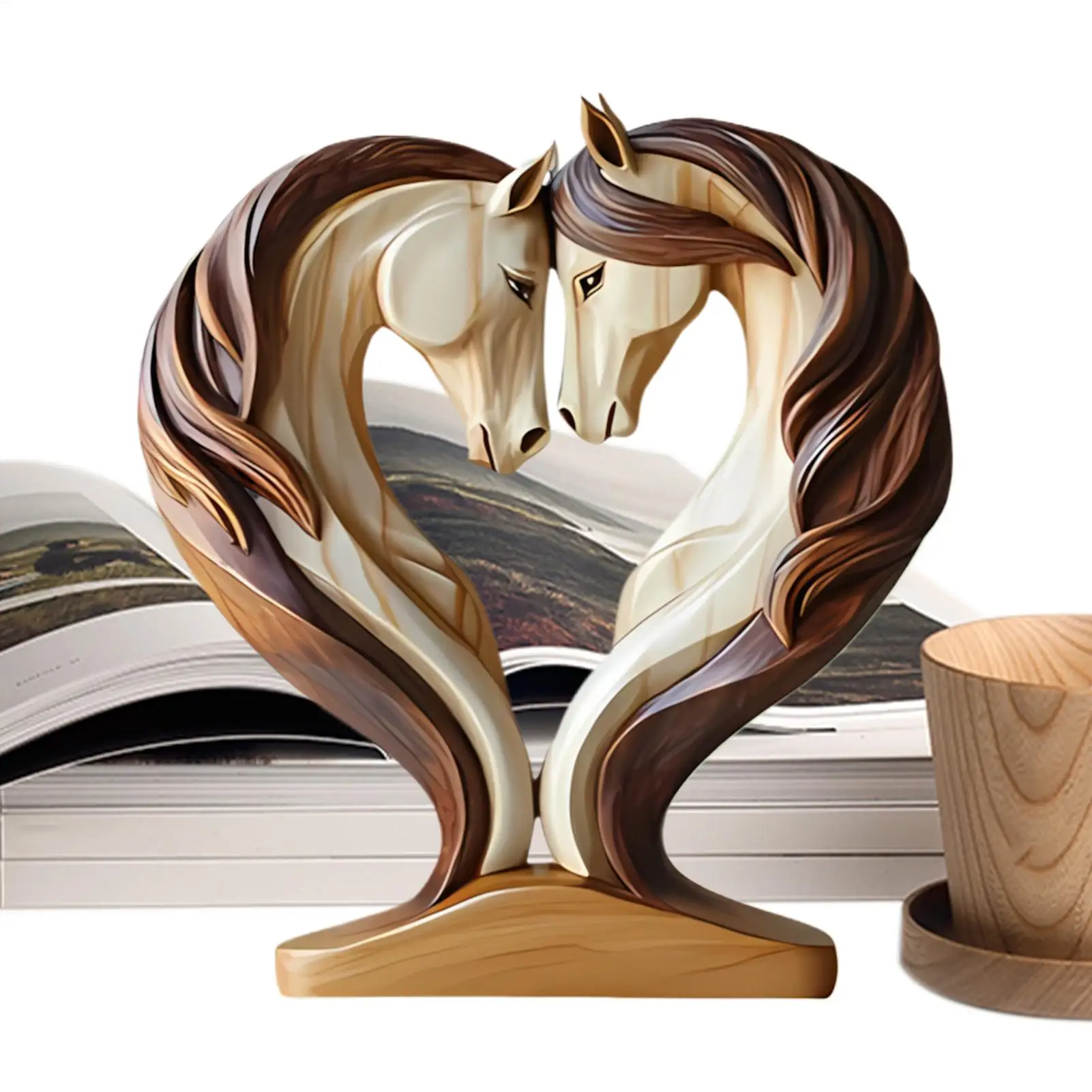 Elegant Wooden Horse Sculpture - Snuggle Pose Animal Ornament for Home or Office Display