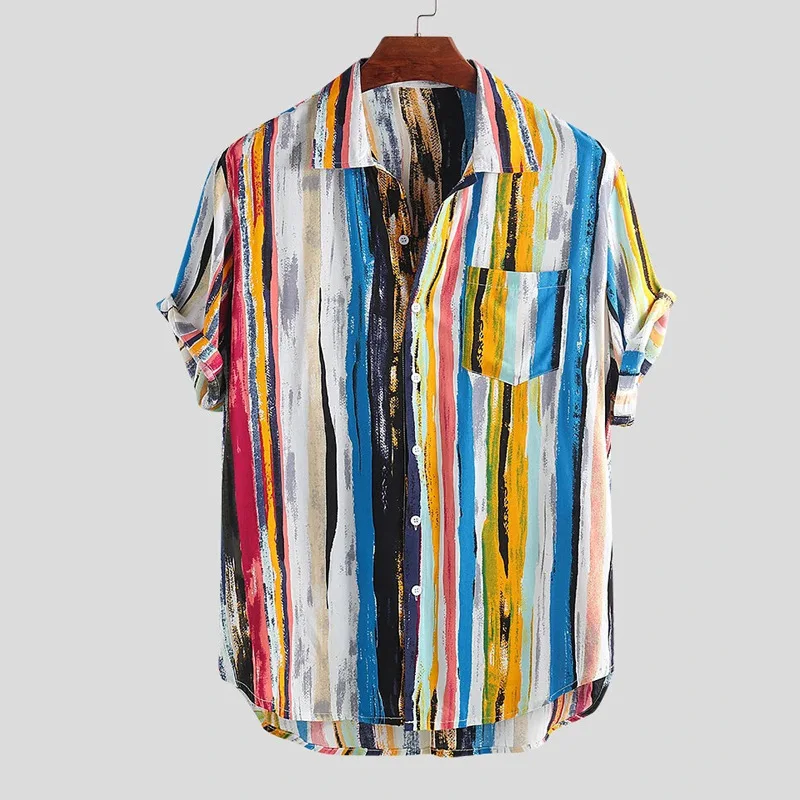 Mens Ethnic Short Sleeve Beach Hawaiian Shirt Tropical Summer Cotton Linen Printing Hawaiian Button Down Shirts Plus Size