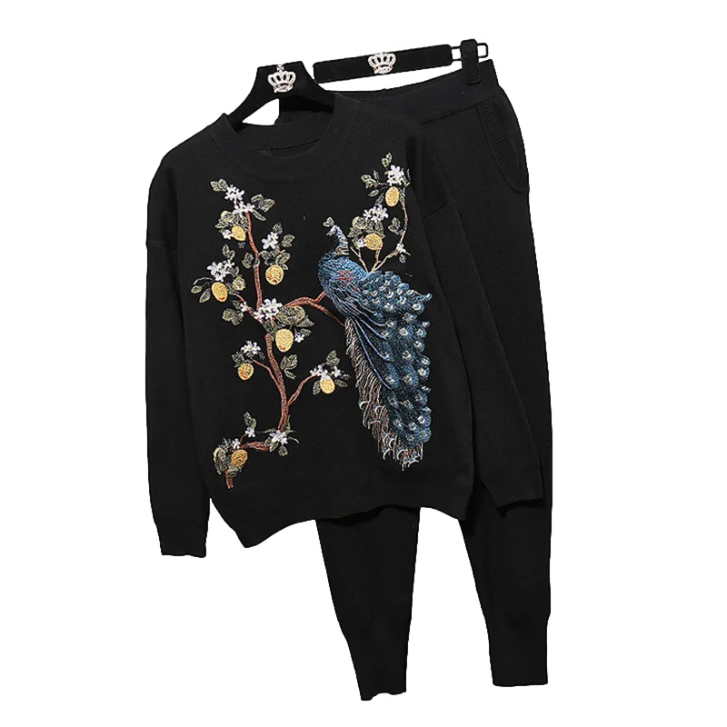

Fashion Peacock Embroidery Knitted Tracksuits Women Black Outfits 2pc Loose Pullover Sweater Pencil Pants Two Piece Set Female