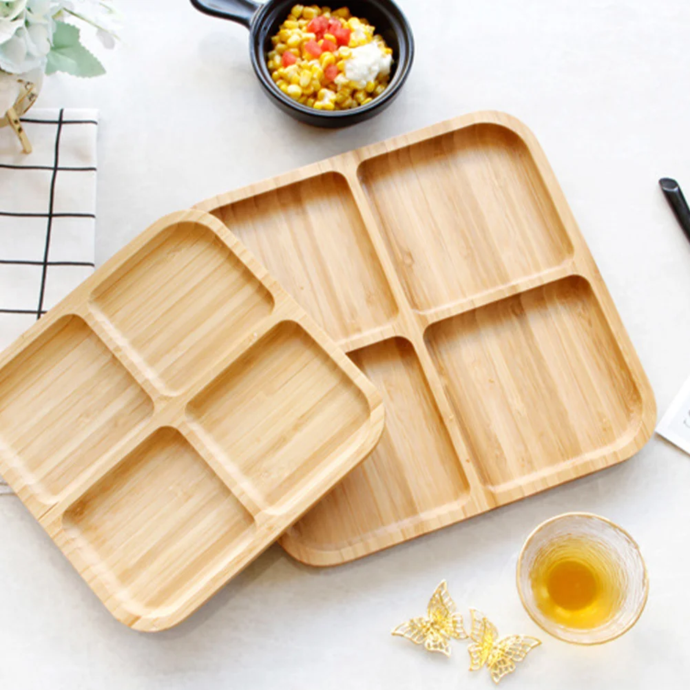 Rectangle 4 Grids Bamboo Snack Plate Fruit Tray Bread Dishes Dessert Platter Serving Plates Kitchen Dining Bar