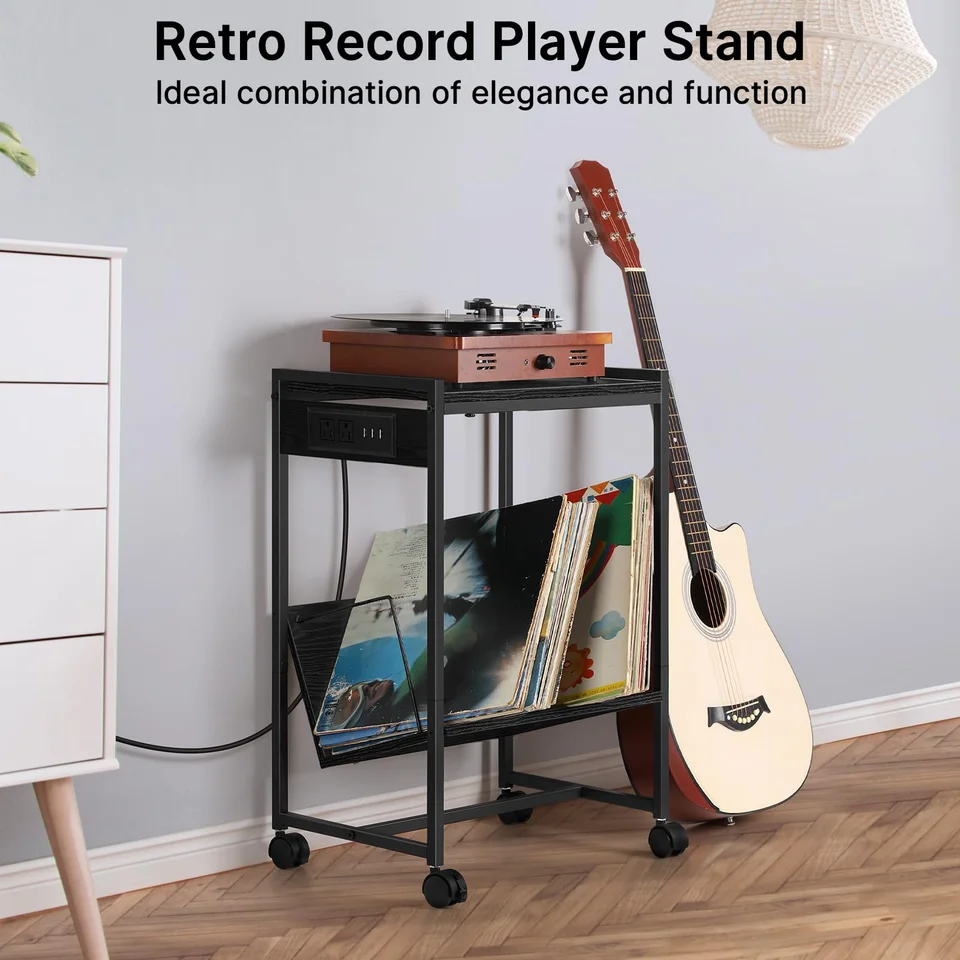 Vinyl Record Player Stand with Charging Station