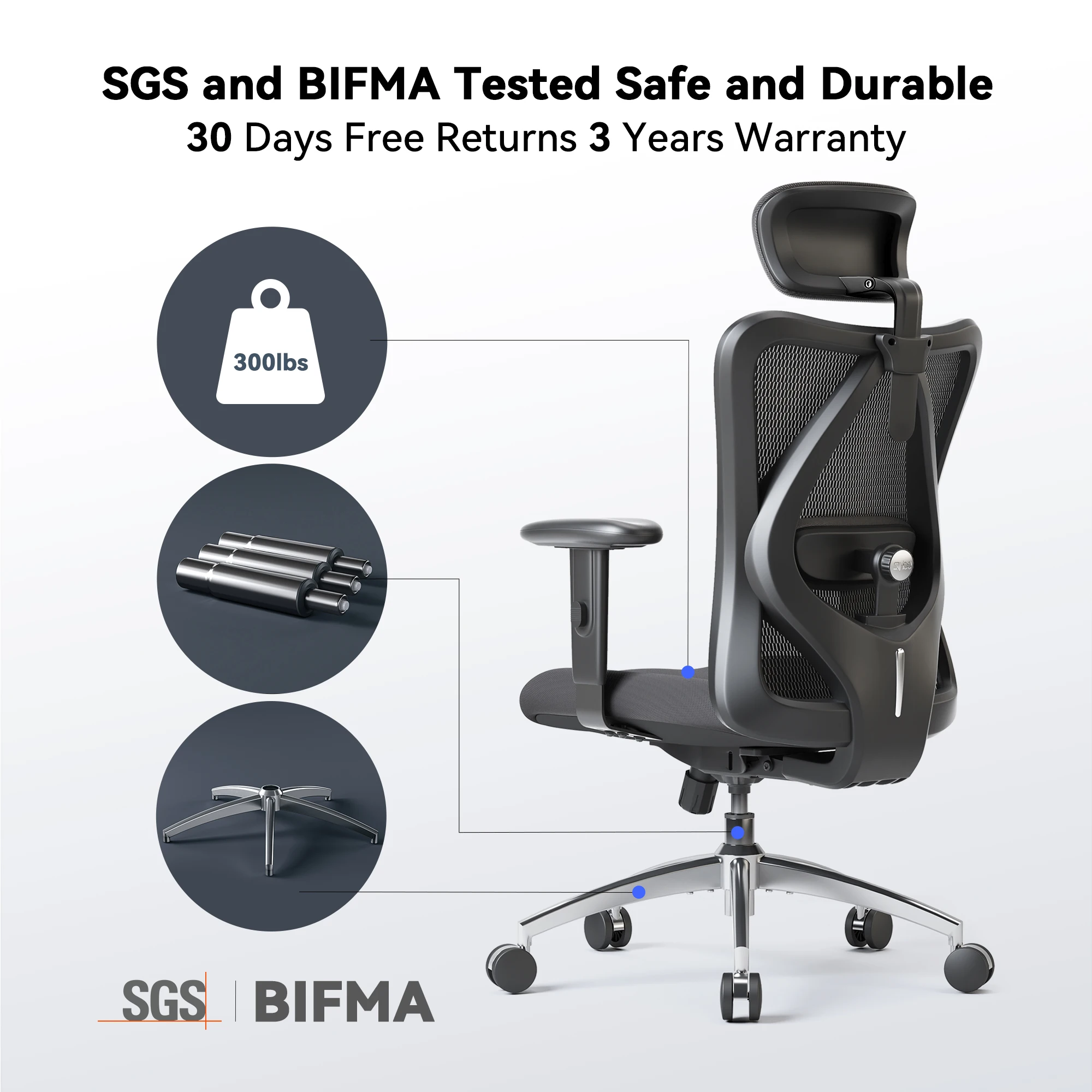 SIHOO M18 Ergonomic Office Chair for Big And Tall People Adjustable Headrest 2D Armrests Lumbar Support PU Wheels Swivel Feature 2