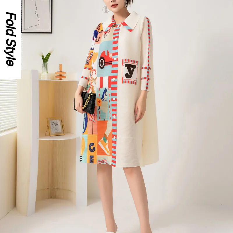 

Wrinkle Print Loose Oversized Dress New 2024 Spring and Autumn Temperament Square Neck Single Breasted 7/4 Sleeve Pleated Skirt