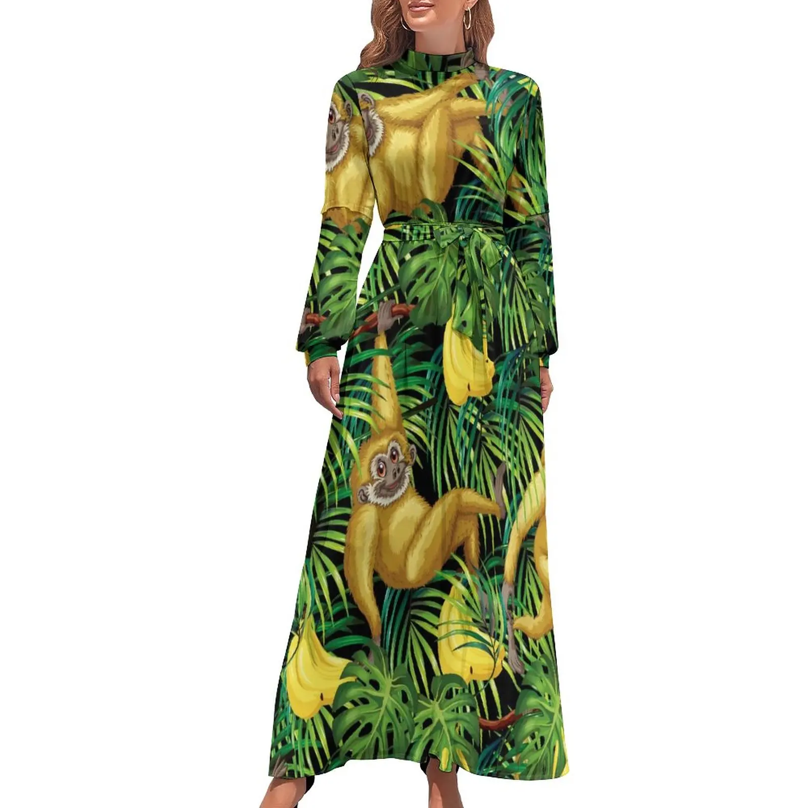 

Monkey Print Dress Tropical Banana Jungle Cute Maxi Dress Streetwear Bohemia Long Dresses High Neck Design Vestido