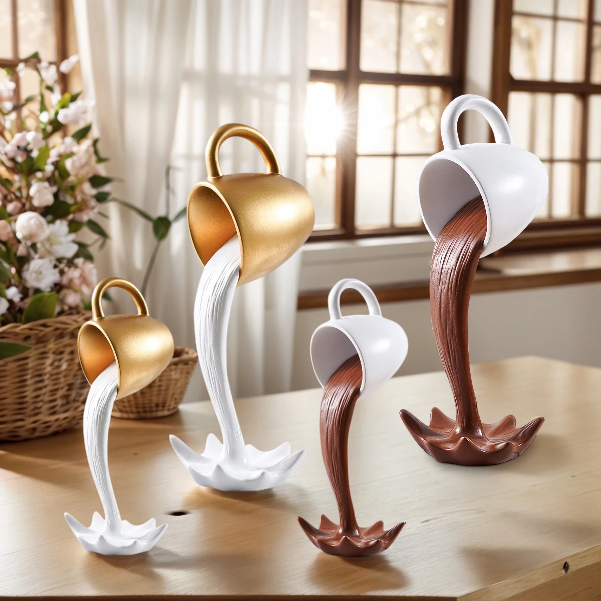 Surrealist floating spilling coffee cup resin art sculpture.