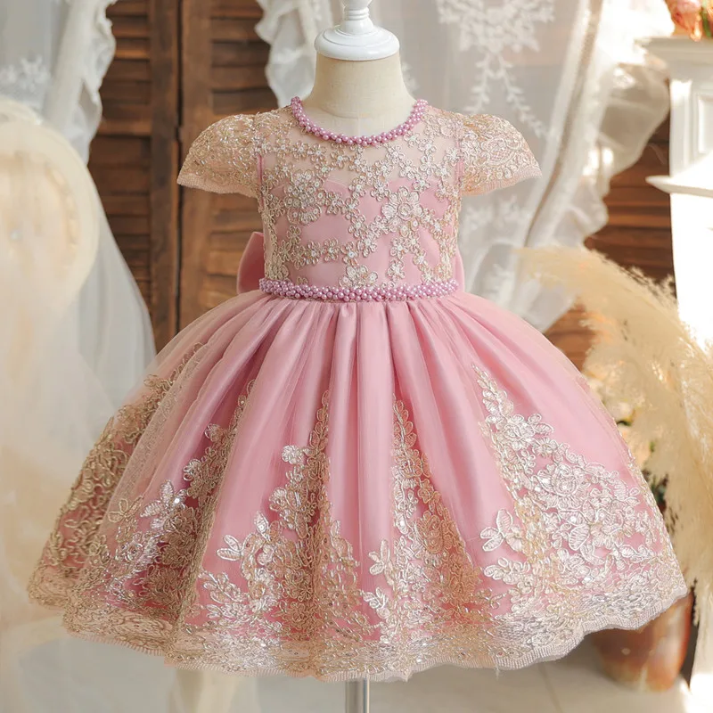 

Flower Girl's 1st Birthday Children's Fluffy Piano Dress Pink Host Performance Dress Princess Ball Gown y1109