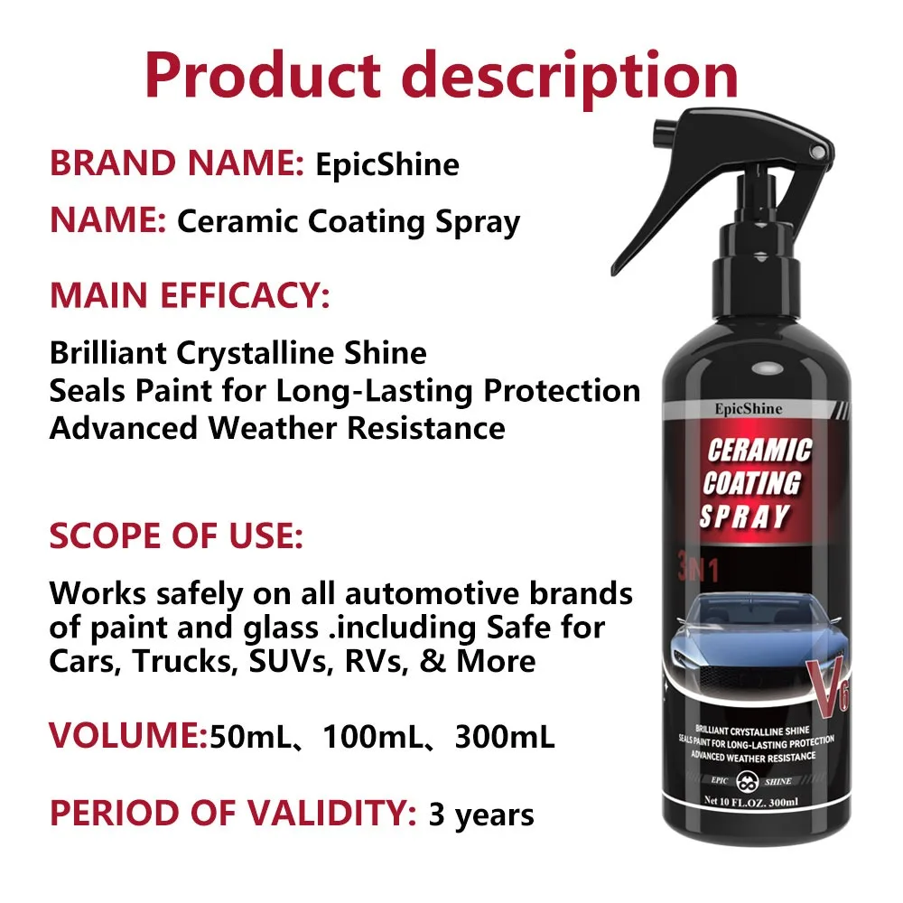 Ceramic Quick Detailer&Coating Spray V6 Auto Nano Waterproof Instant Shine Paint Superior Protection Hydrophobic Water Repellent