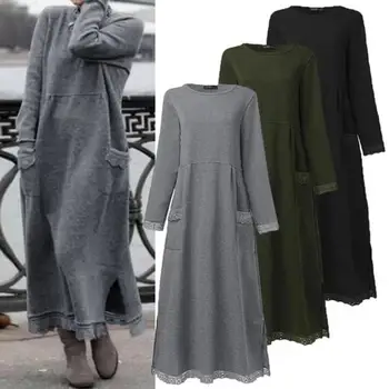 Nuovo abito lungo ampio autunno inverno donna felpa in velluto abito casual moda donna solido O collo abito da festa a maniche lunghe ﻿ 1
