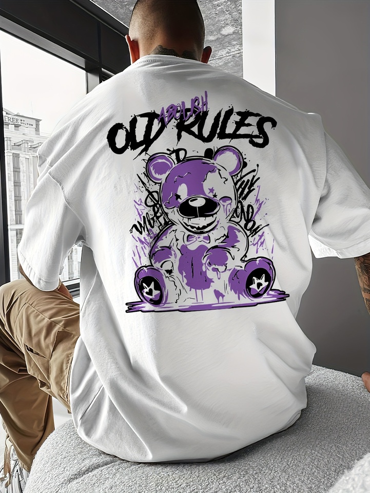 Men's Summer 100 Cotton Fashionable Casual Sports Loose Large Cartoon Bear Pattern Printed Round Neck Short Sleeve T-shirt Top