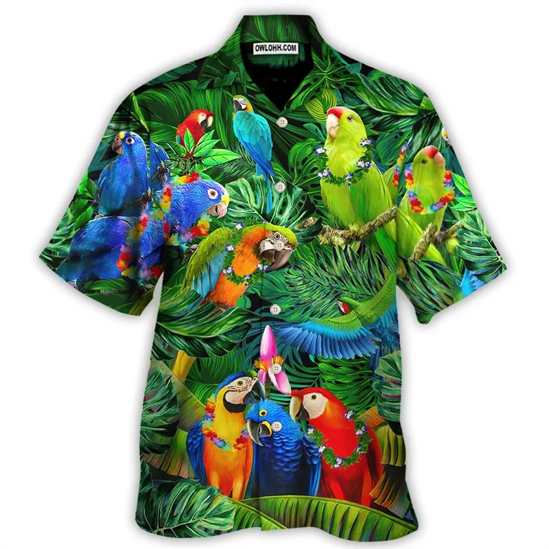 thumbnail image 1 of Camisetas hawaianas con estampado de loros en la playa para hombre, ropa de moda, camisetas de vacaciones de manga corta con estampado 3D de animales de cocoteros hawaianos, 1 of 4