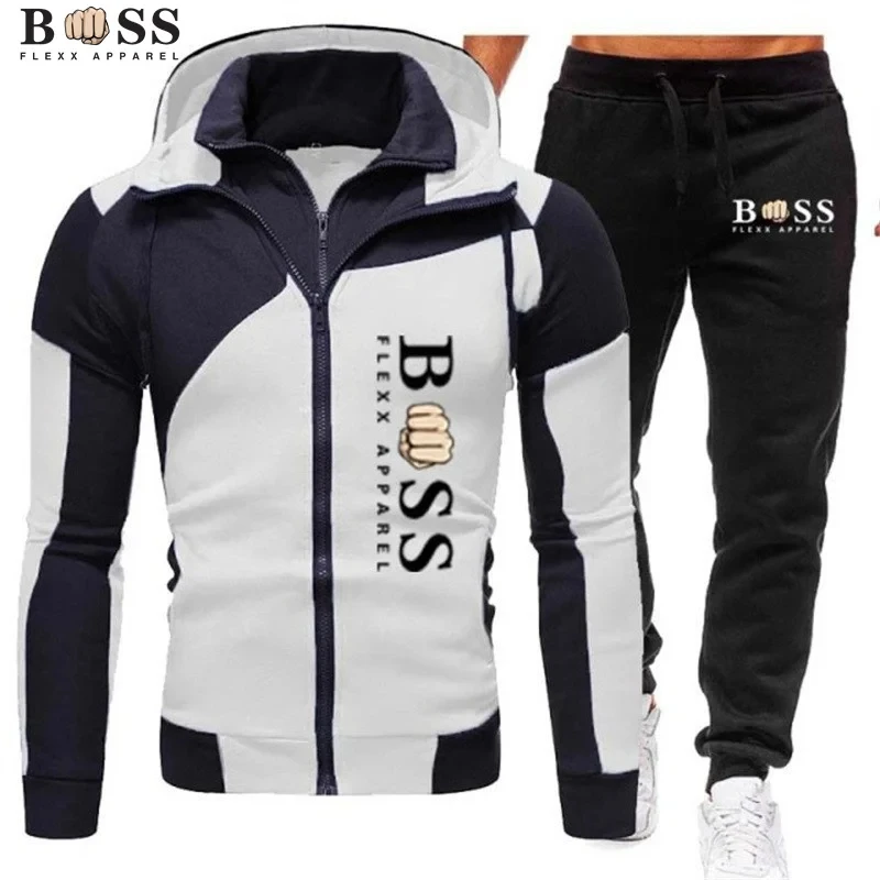 New men's double zipper jacket hoodie + black casual jogging pants two sets of fashion casual fitness sportswear two sets