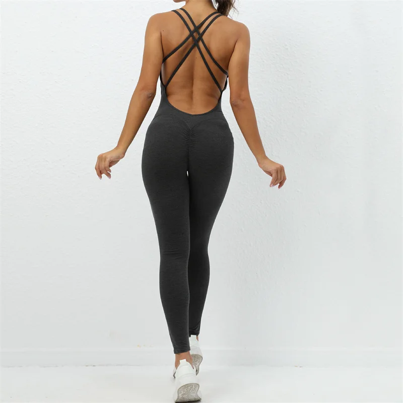 SVEIC Yoga Backless Jumpsuit Fitness Catsuit Bodysuit Sportswear Scrunch Booty Leggings Workout Sexy One Piece Sets Gym Clothing
