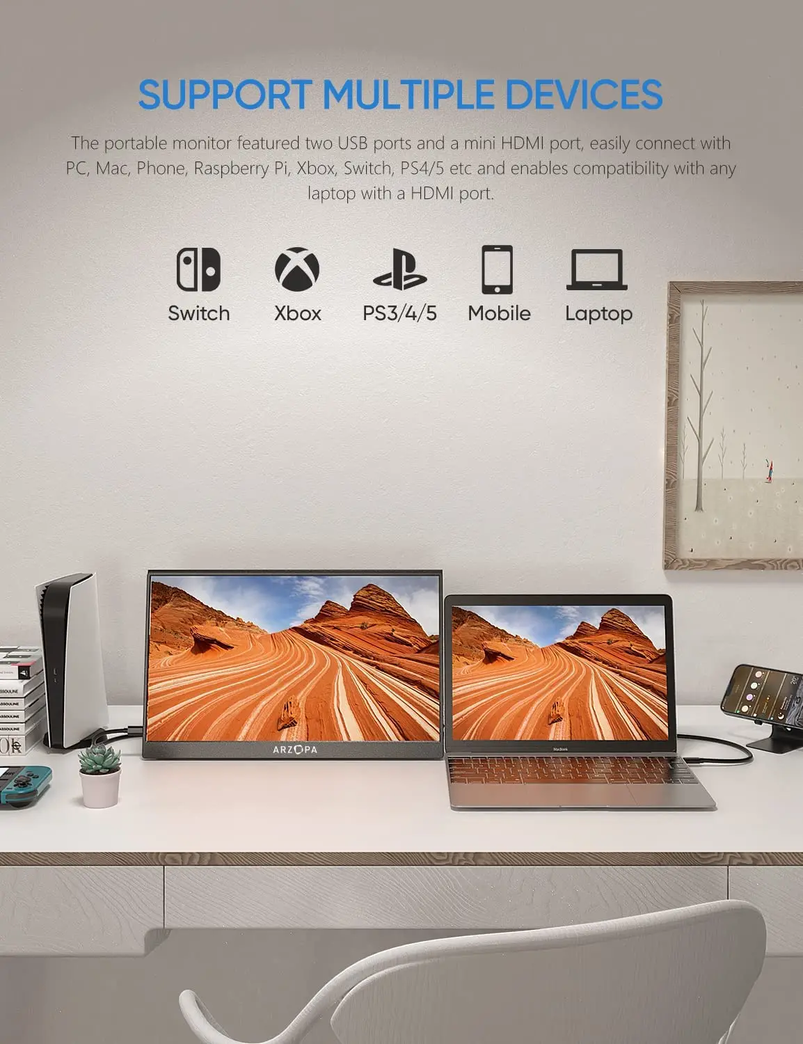 ARZOPA 17.3 ġ FHD ޴ , 1080p ܺ ÷, IPS ũ, USB C HDMI ̹ , PC ޴  Xbox PS5 ġ