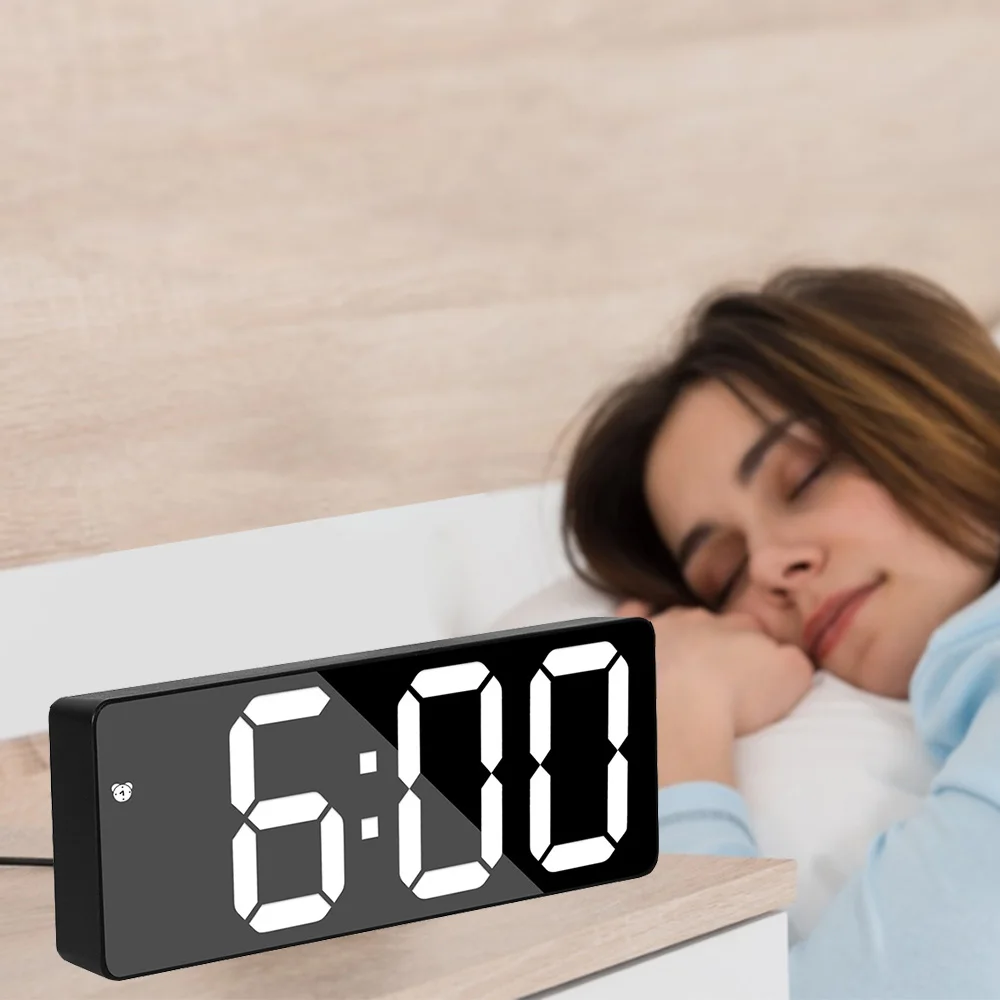 Acrylic/Mirror Alarm Clock LED Digital Clock Snooze Bedside Voice Control Time 1