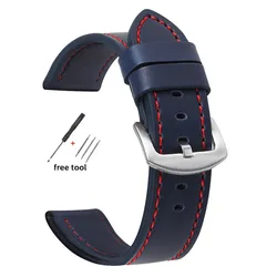 Vintage Leather Watch Band - Premium Replacement Wristband Strap - 22mm (Blue Red)