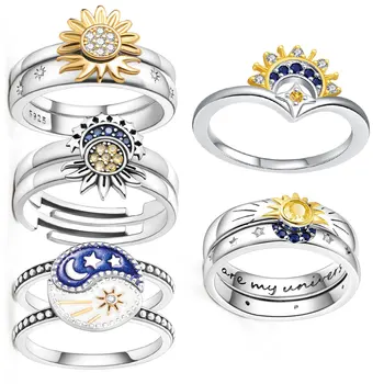 Anelli Lucidi in Argento 925 con Motivo Sole e Luna, Anelli per Coppie, Gioielli alla Moda per Donne, Regali per San Valentino