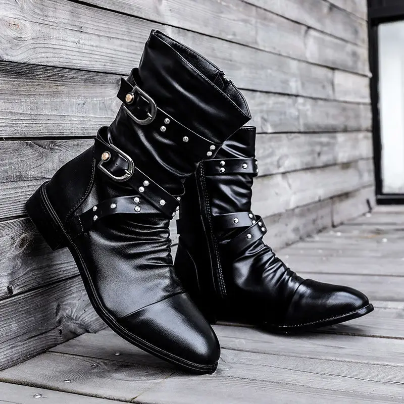 

men fashion stage nightclub footwear motorcycle boots black soft leather shoes high top cowboy boot handsome short botas hombre