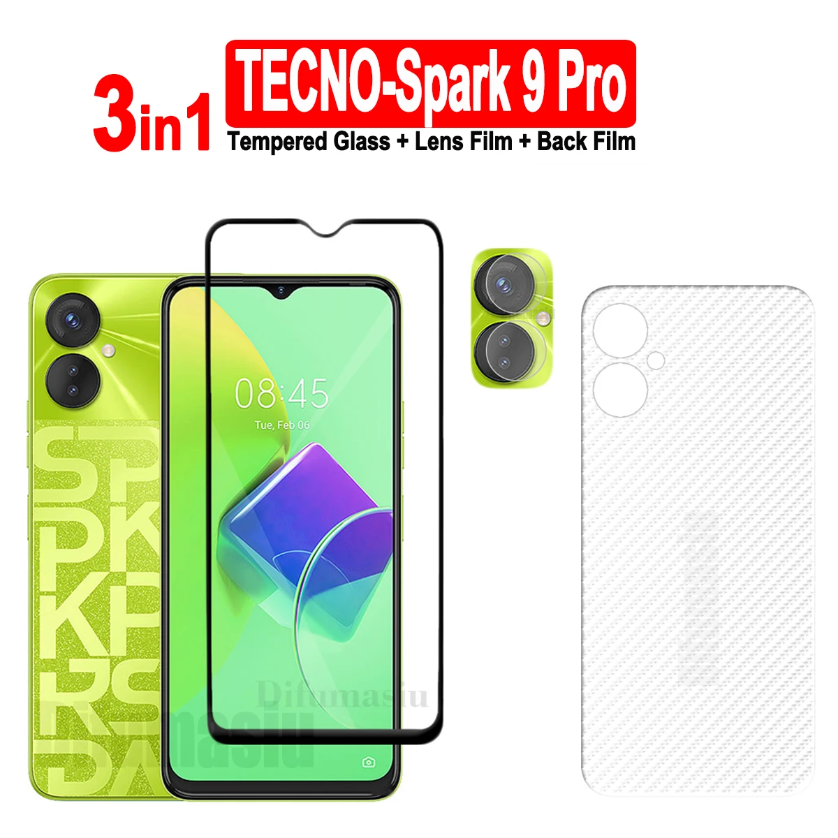 

For Tecno Spark 9 Pro Tempered Glass Screen Protectors Soft Camera Lens Protector Full Cover Screen Glass 3in1 Back Film