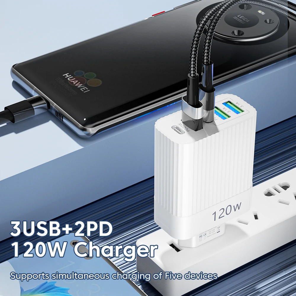 Olaf 120W 5 Ports USB Charger Fast Charging Adapter Type C Mobile Phone charger For Xiaomi Huawei Samsung iPhone Chargers
