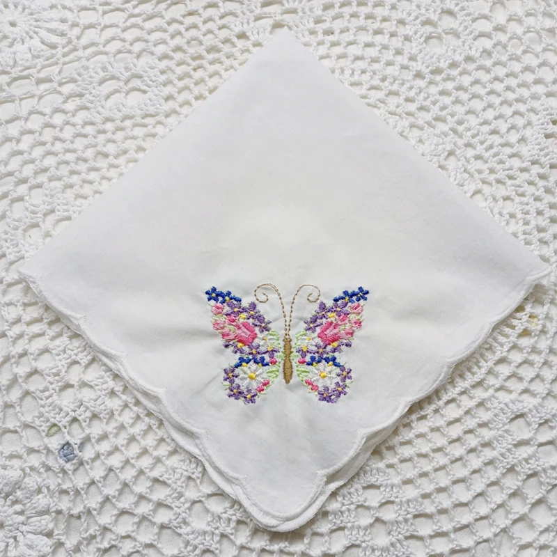 set-of-12-handkerchiefs-white-cotton-cloth-fabric-wedding-hankies-scalloped-edges-hanky-embroidered-butterfly-12x12-inch