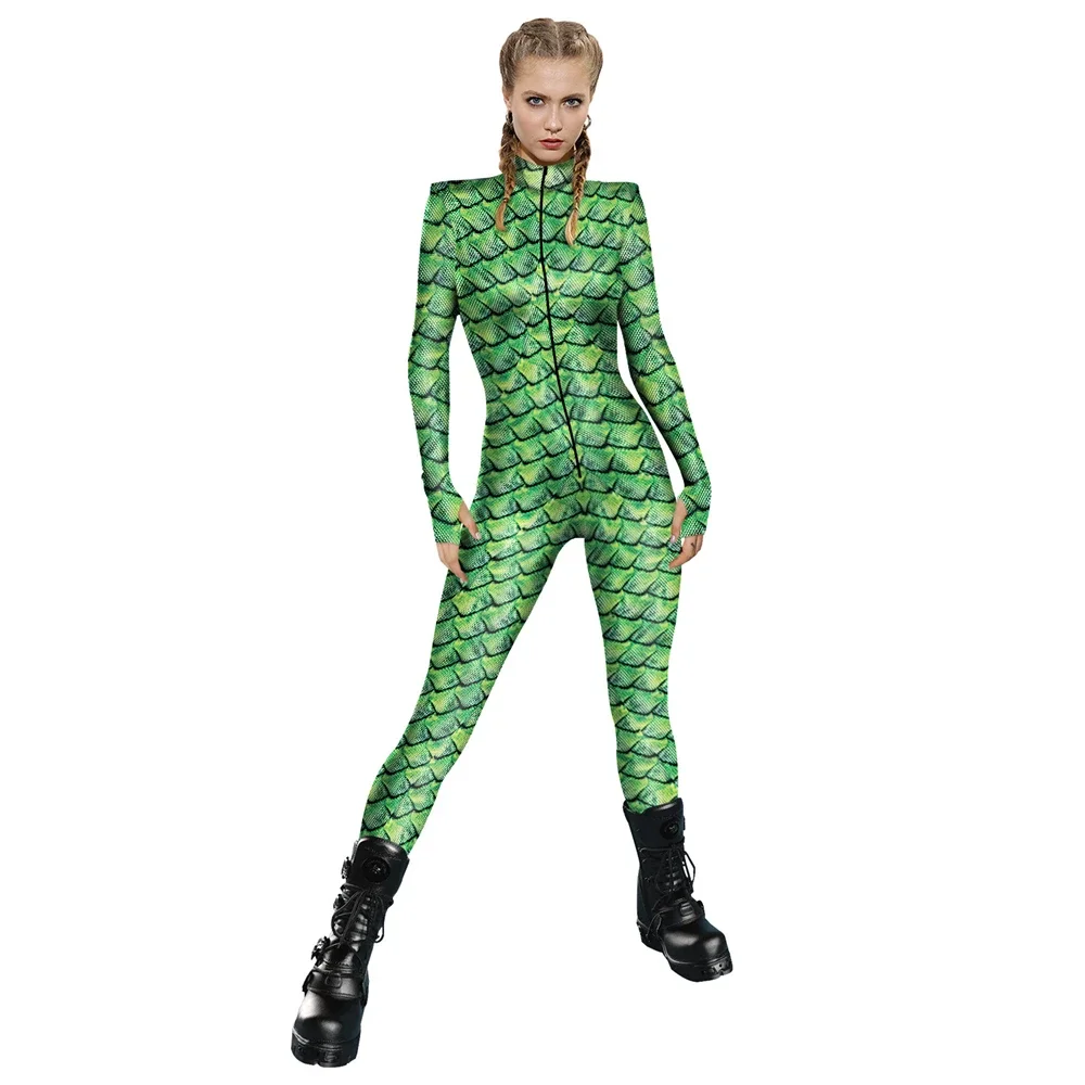 

Snake Fish Scales Pattern Skull Cosplay Jumpsuits Printed Sexy Women Party Performance Casual Elastic Streetwear Female Clothing