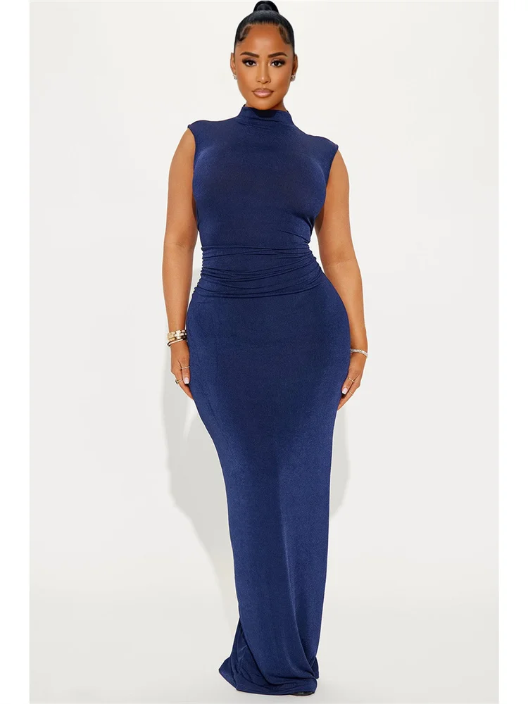 Wmstar Dress Women Elegant Sleeveless Half High Neck Pleated High Stretch Summer Clothes Long Dresses Wholesale Dropshipping